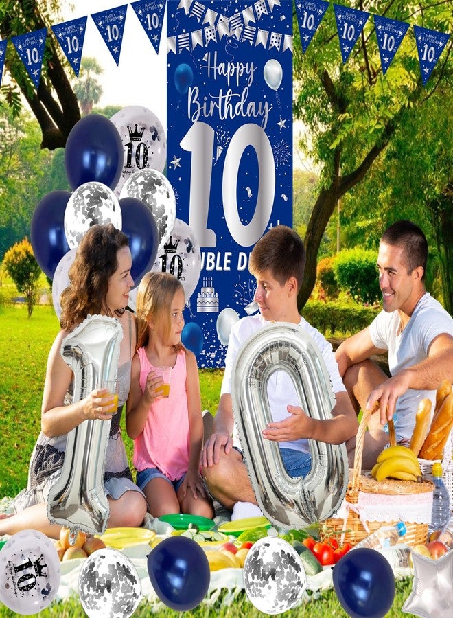Purtarly 10th Birthday Decorations for Boys Girls, Blue Silver Happy 10th Birthday Double Digits Door Banner Decorations, Number 10 Foil Balloon Triangle Flag 10 Year Old Bday Party Supplies for Son Daughter - Image 3